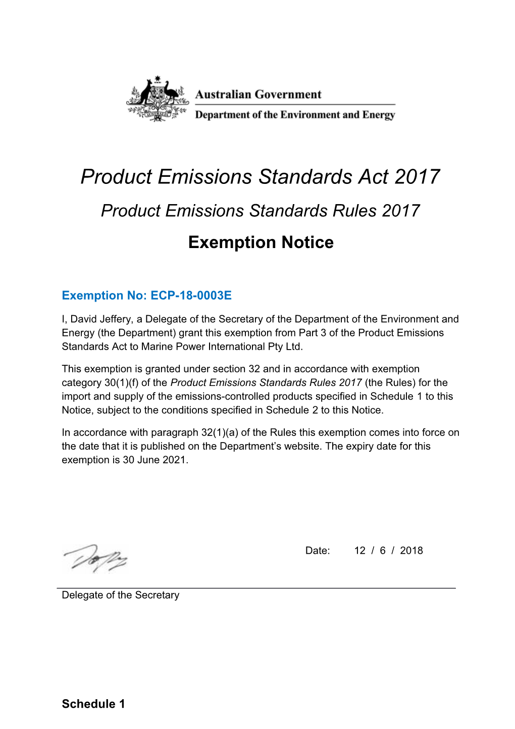 Exemption Certificate ECP-18-0003E (Marine Power International)