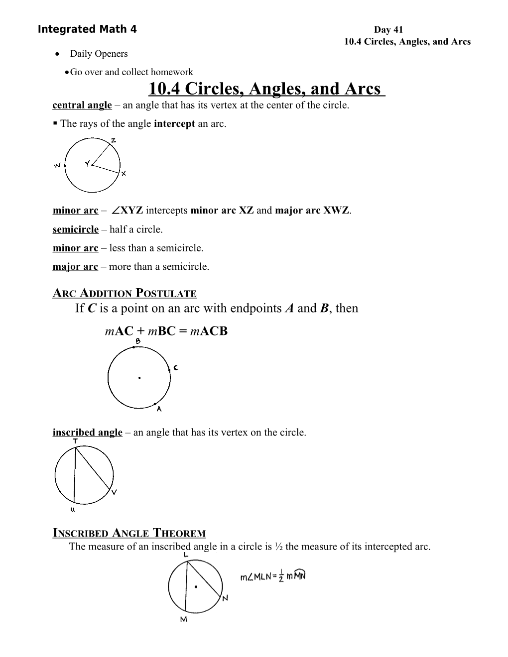 10.4 Circles, Angles, and Arcs