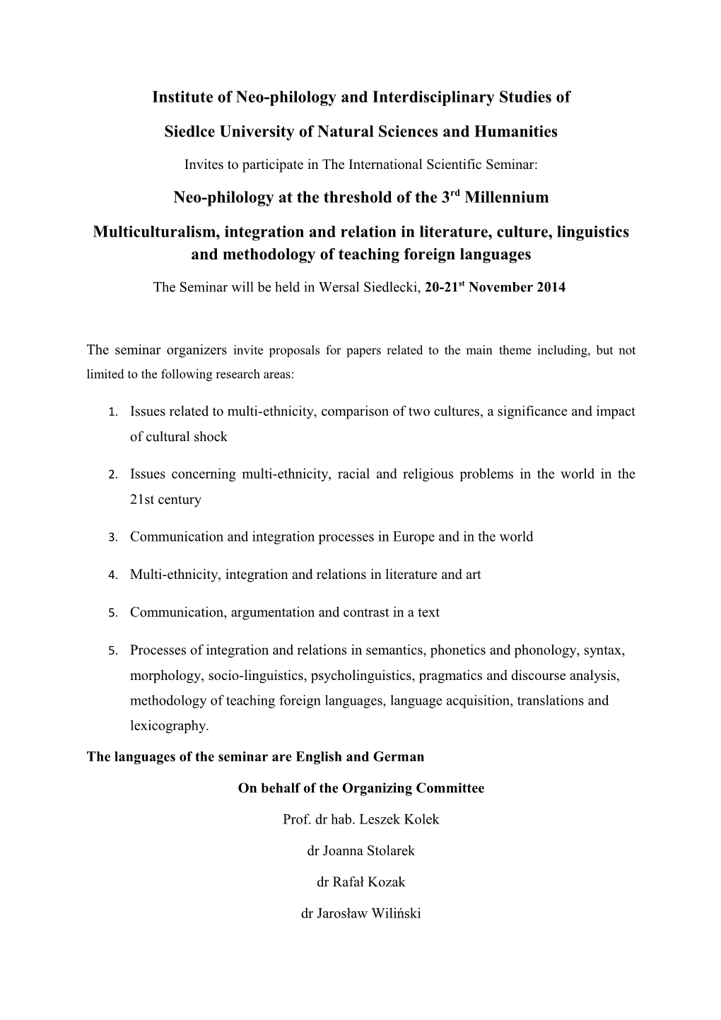 Institute of Neo-Philology and Interdisciplinary Studies Of