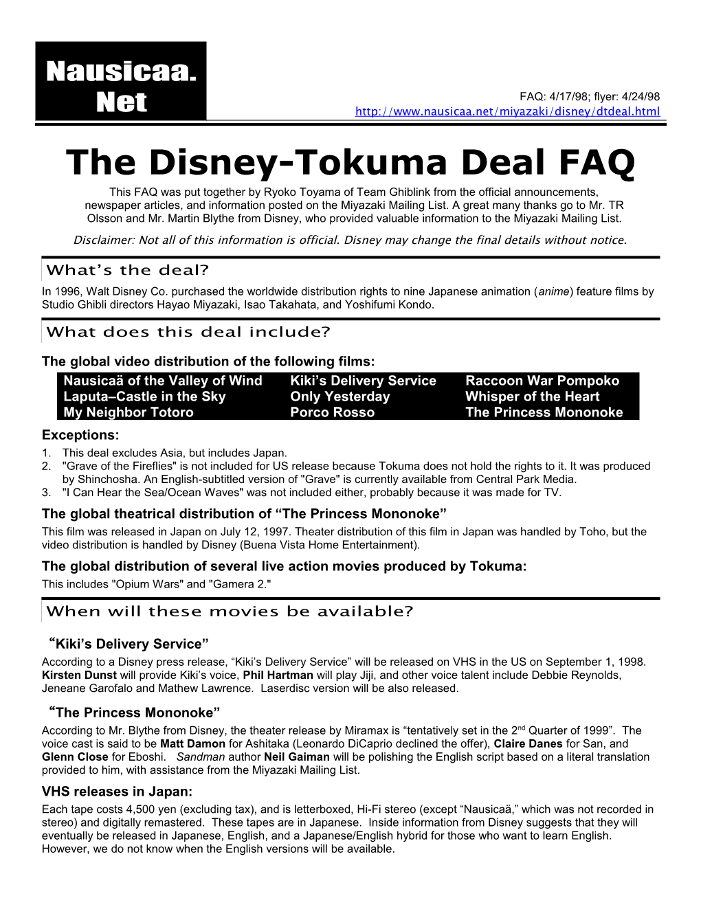 Disney-Tokuma Deal FAQ