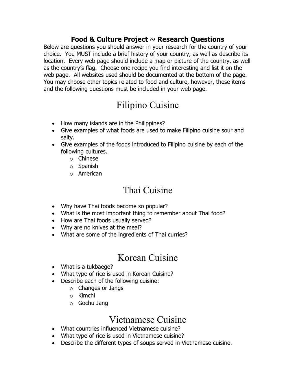 Food & Culture Project ~ Research Questions