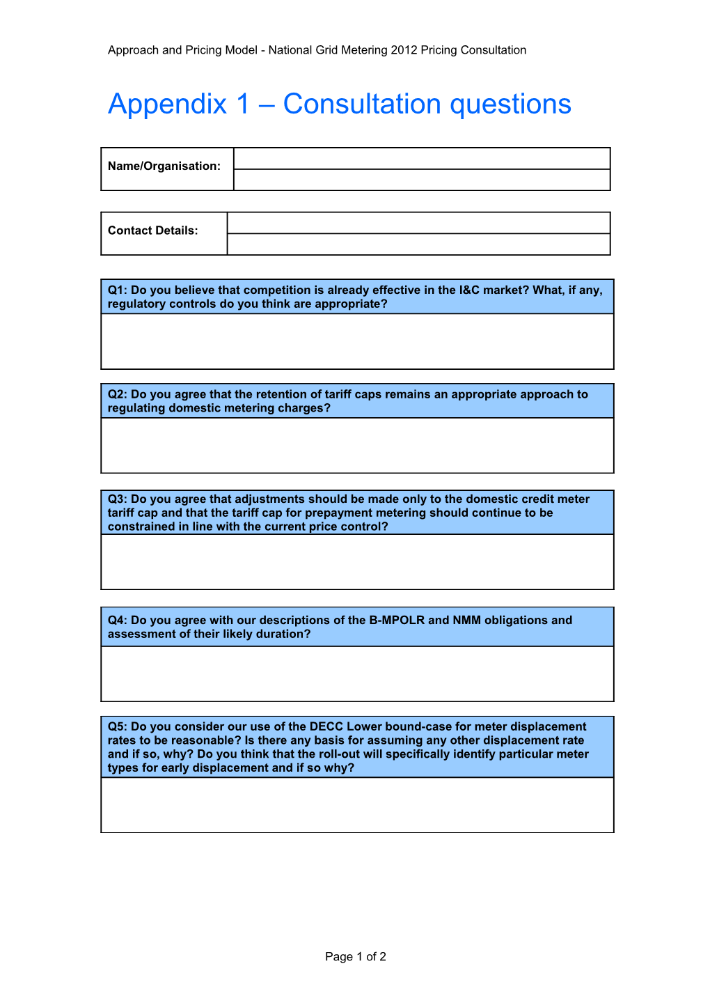 Appendix 1 Consultation Questions