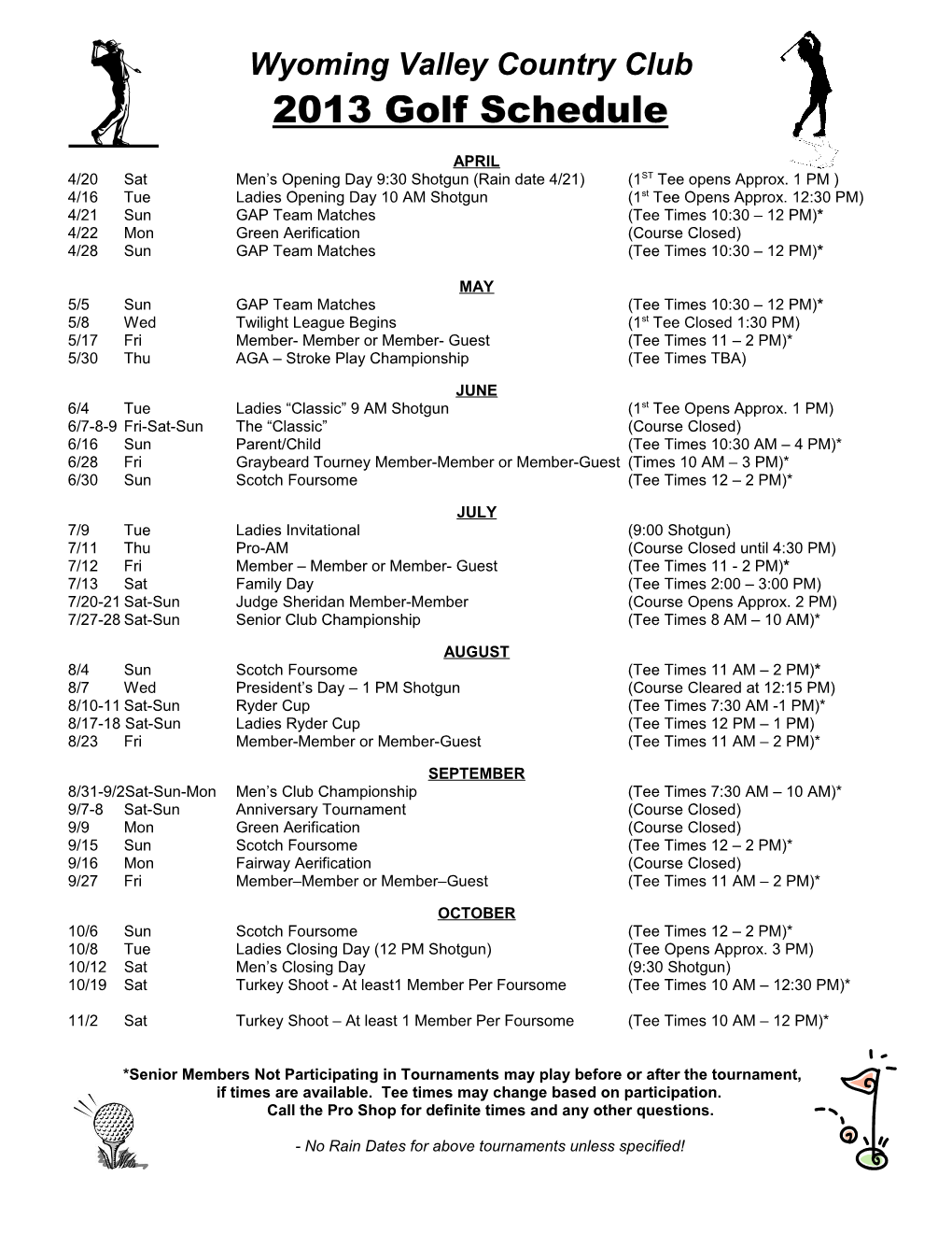 Wyoming Valley Country Club 2003 Golf Schedule