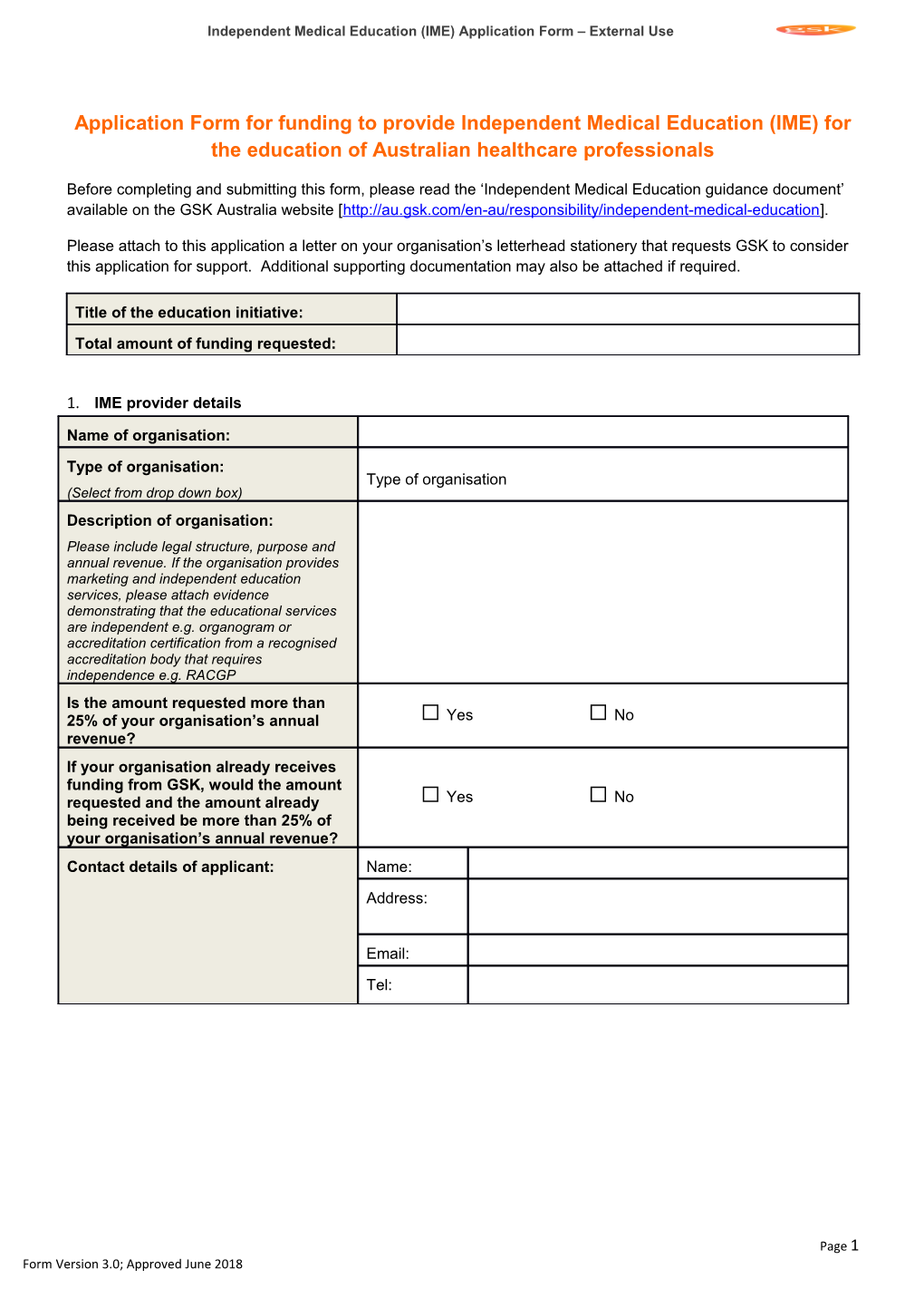 Independent Medical Education (IME) Application Form External Use