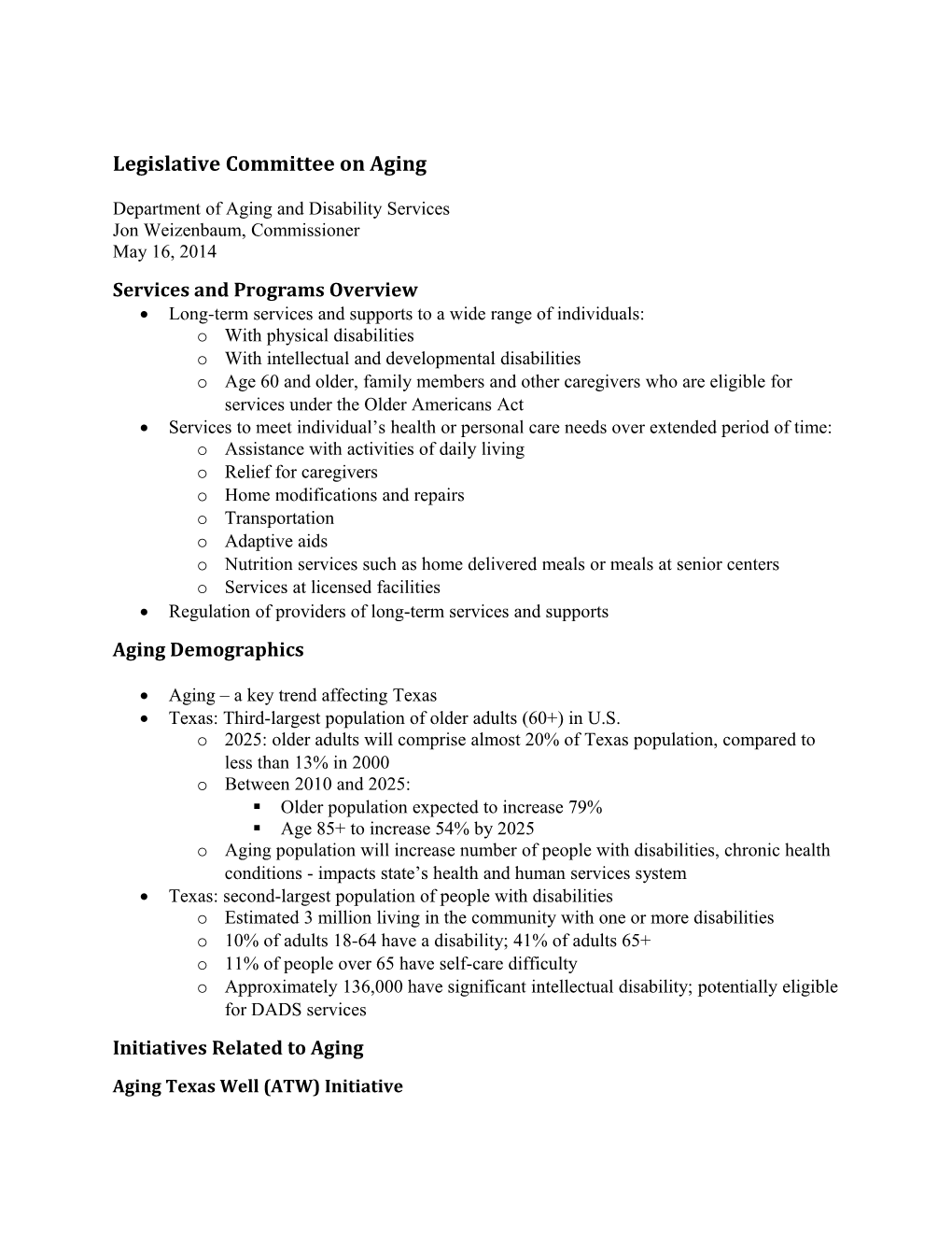 DADS Presentation To The Legislative Aging Committee, May 16, 2014