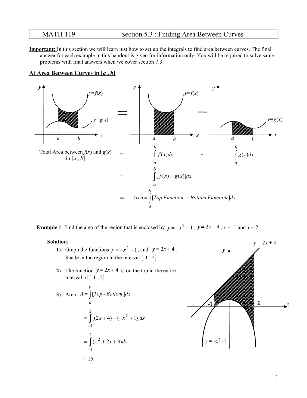 MATH 119 Section 5.3 : Finding Area Between Curves