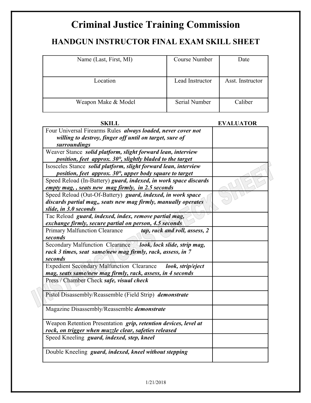 Firearms Instructor Skill Sheet