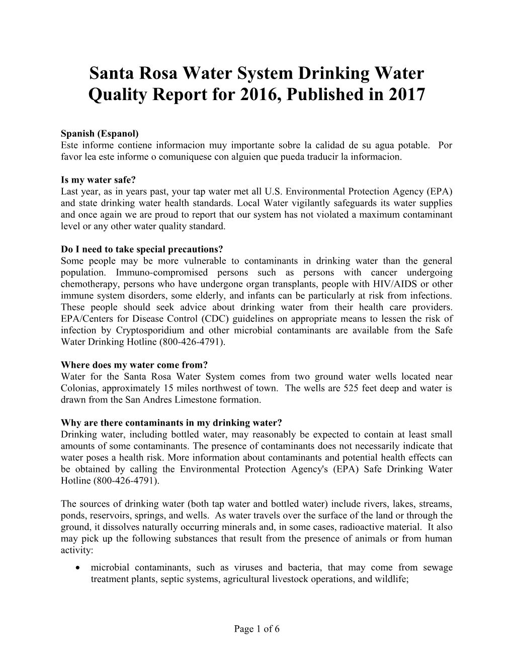 Santa Rosa Water System Drinking Water Quality Report for 2009, Published in 2010