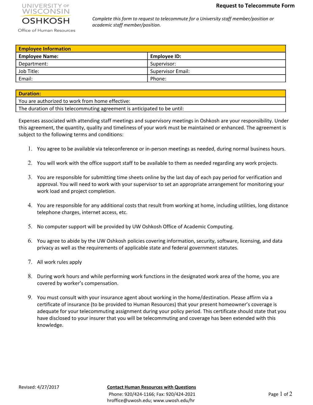 UW Oshkosh Limited Term Employment Request