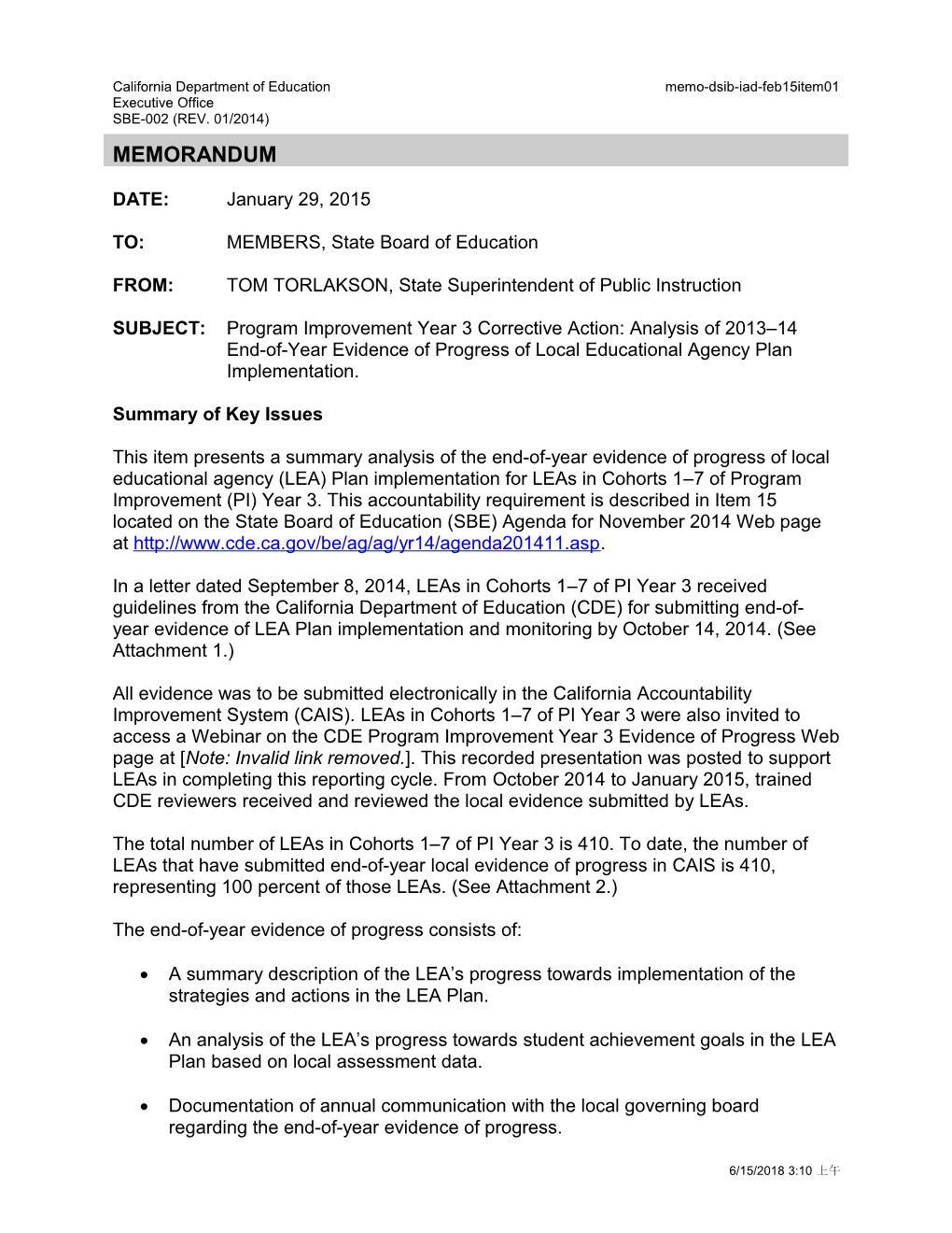 February 2015 DSIB IAD Item 01 - Information Memorandum (CA State Board of Education)