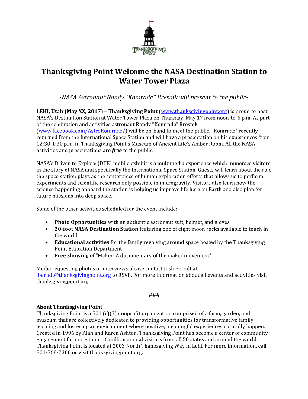 Thanksgiving Point Welcome the NASA Destination Station to Water Tower Plaza