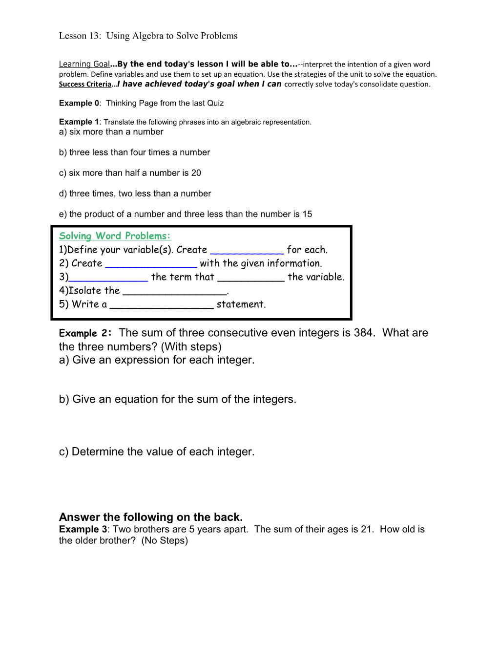 Translating Verbal Statements Into Equations