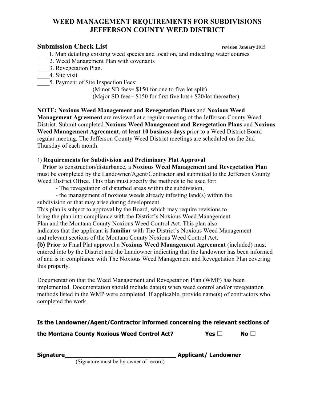 Weed Management Requirements for Subdivisions