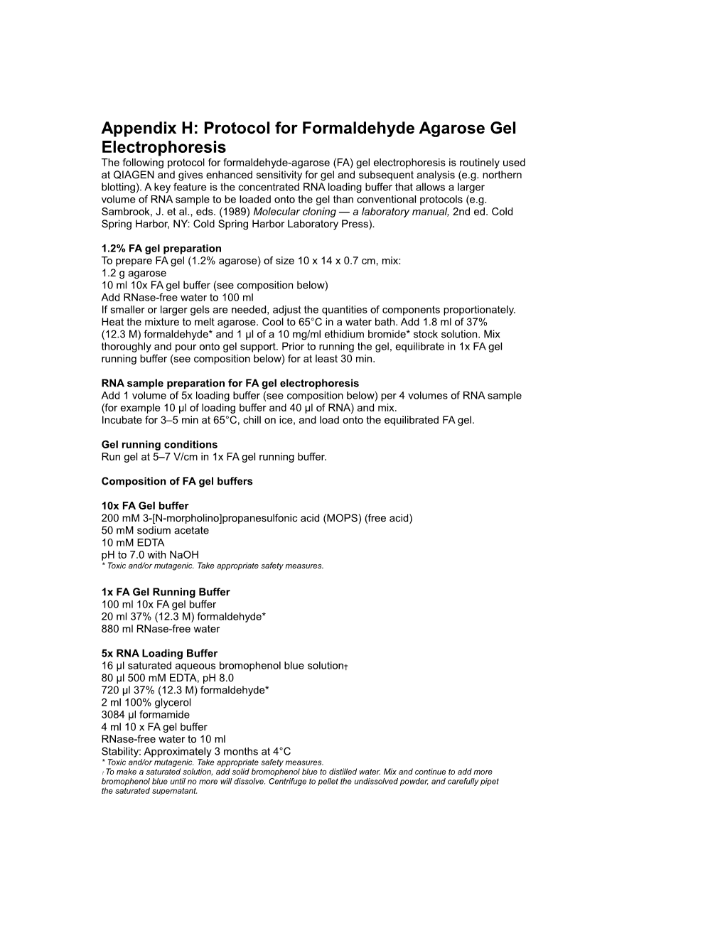 Appendix H: Protocol for Formaldehyde Agarose Gel