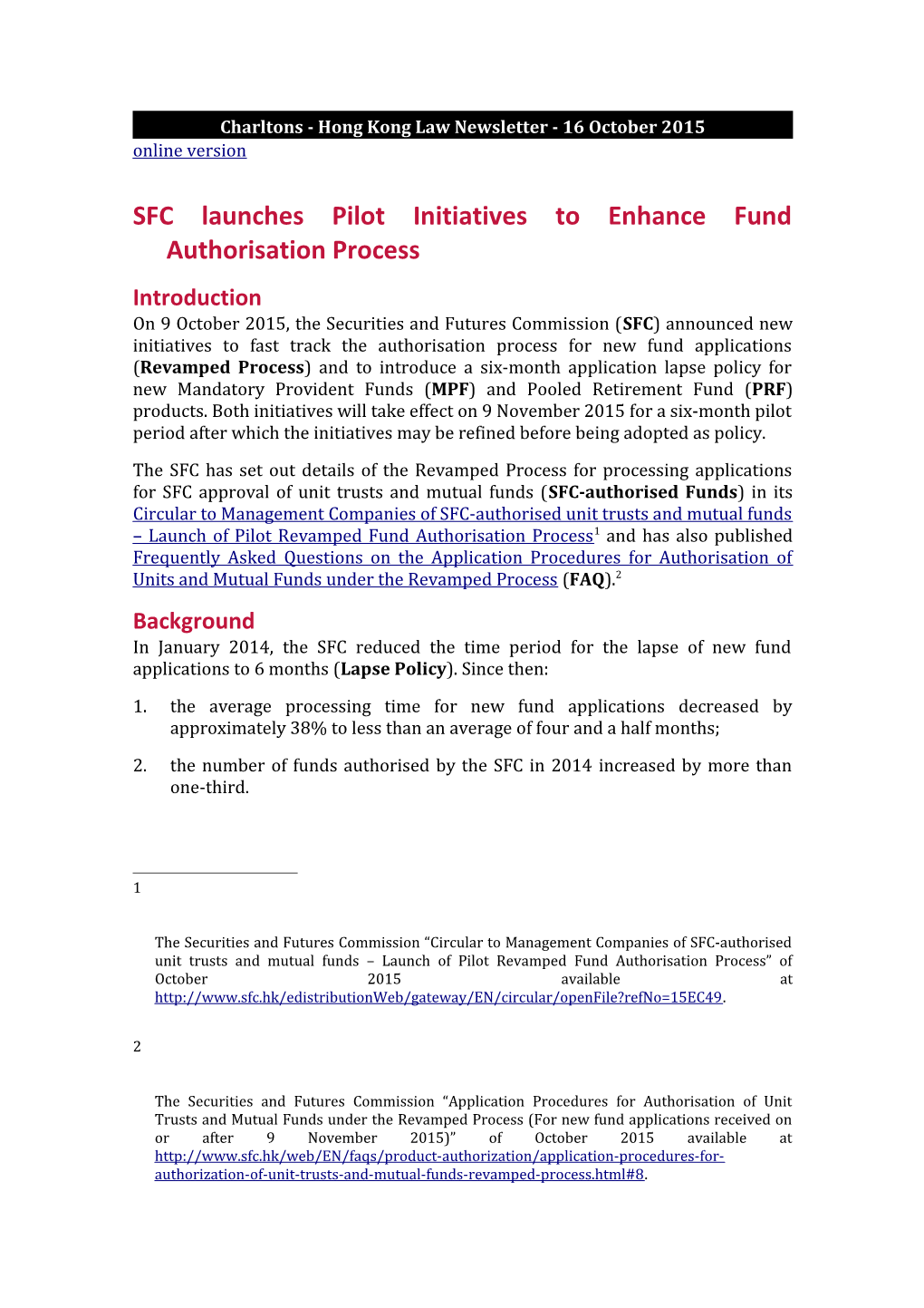 Charltons - Hong Kong Law Newsletter - 16 October 2015