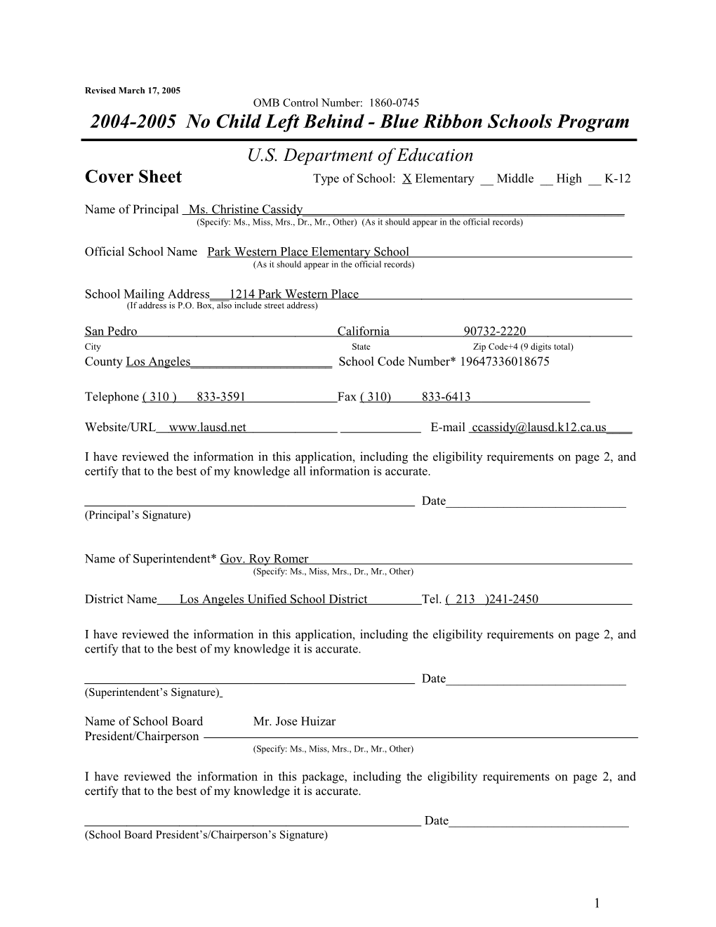 Park Western Place Elementary School Application: 2004-2005, No Child Left Behind - Blue