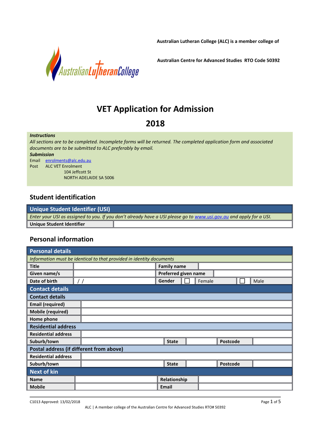 2018 Application for Admission Form for Certificate IV in Christian Ministry and Theology