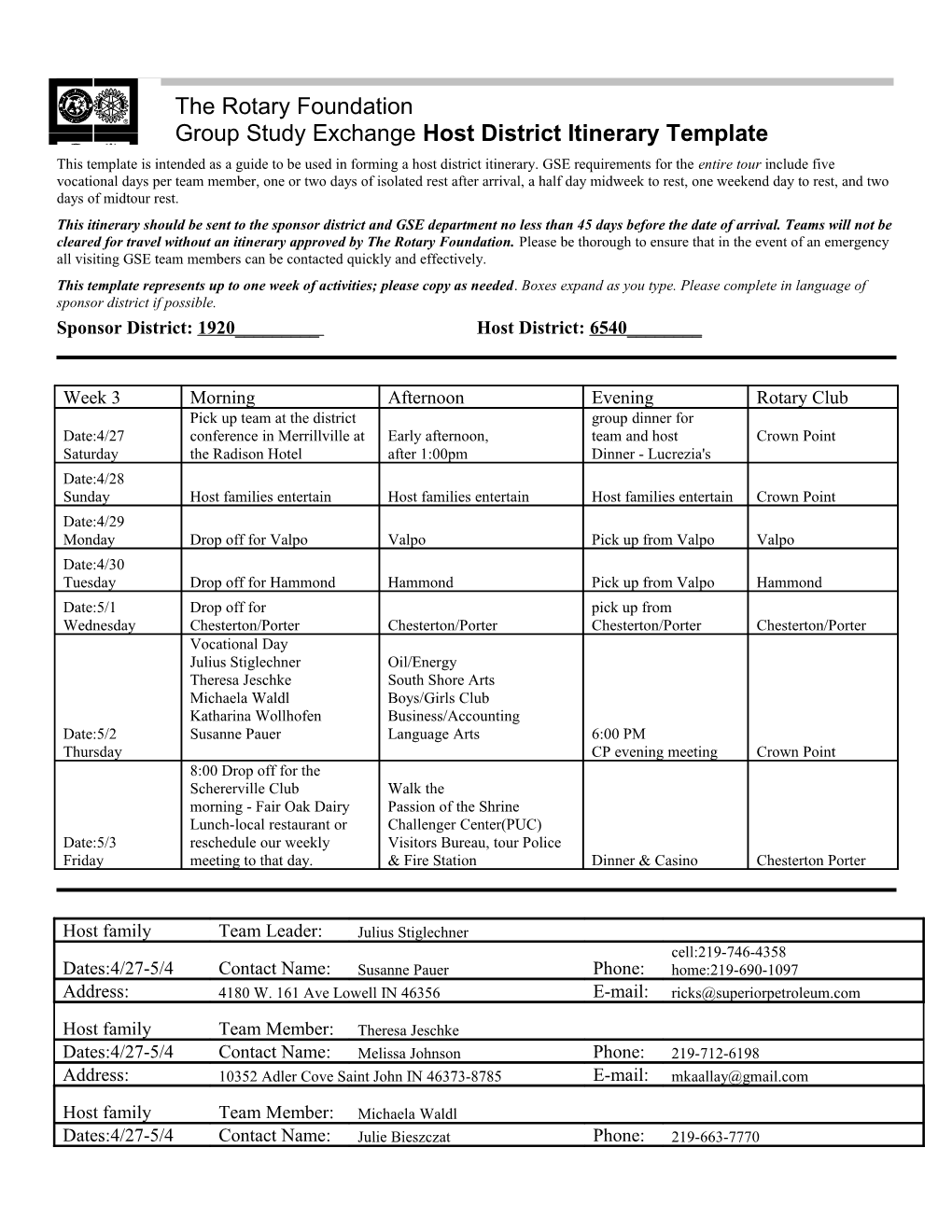 Group Study Exchange (GSE) Host District Itinerary Template s1