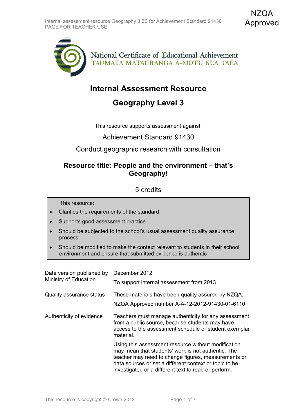 Level 3 Geography Internal Assessment Resource