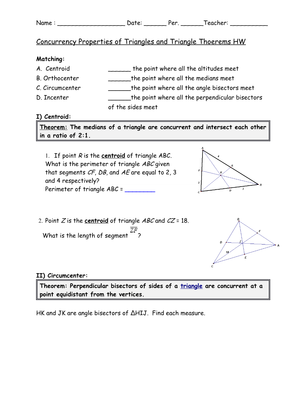 Concurrency Properties of Triangles and Triangle Thoerems HW
