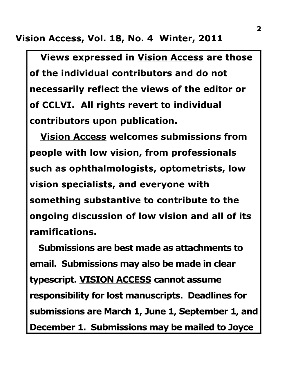 Vision Access, Vol. 18, No. 4 Winter, 2011
