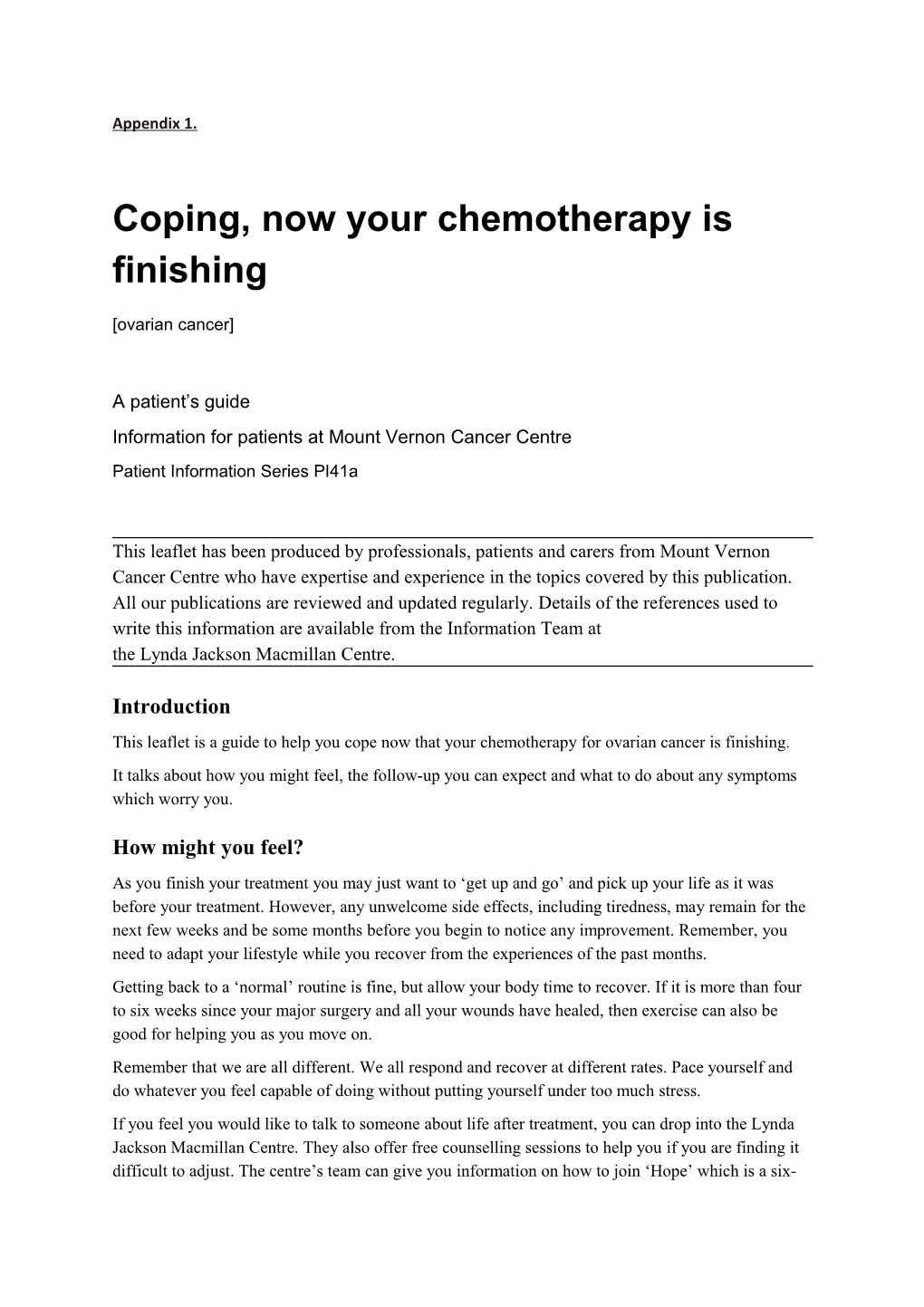 Coping, Now Your Chemotherapy Is Finishing