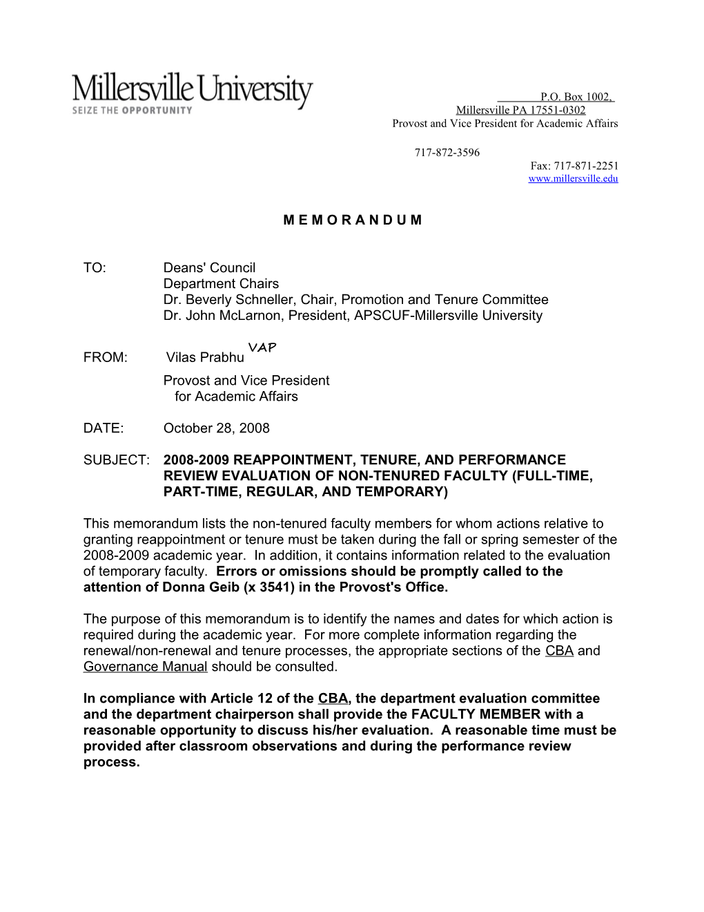 Memorandum 2008-2009 Reappointment, Tenure and Performance Review of Non-Tenured Faculty