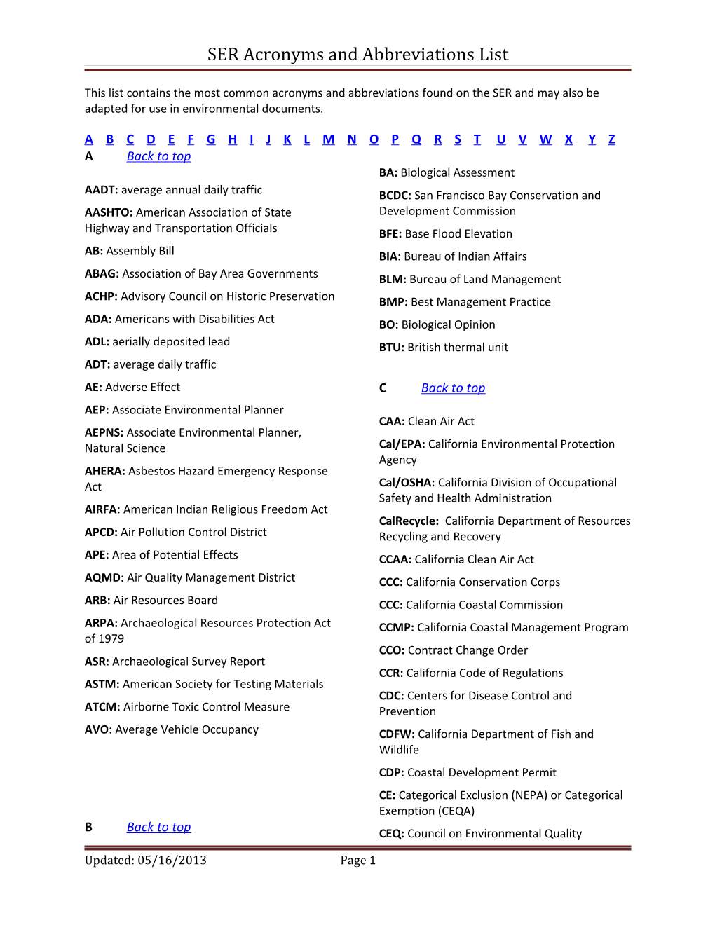 SER Acronyms and Abbreviations List