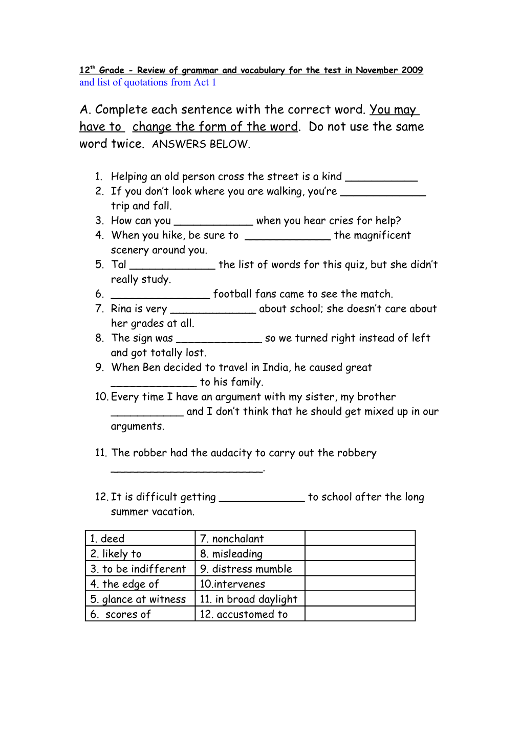 12Th Grade - Review of Grammar and Vocabulary for the Test in November 2009