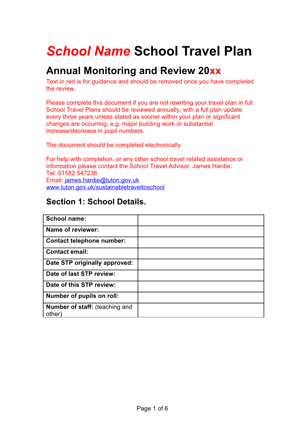 School Travel Plan Monitoring Form