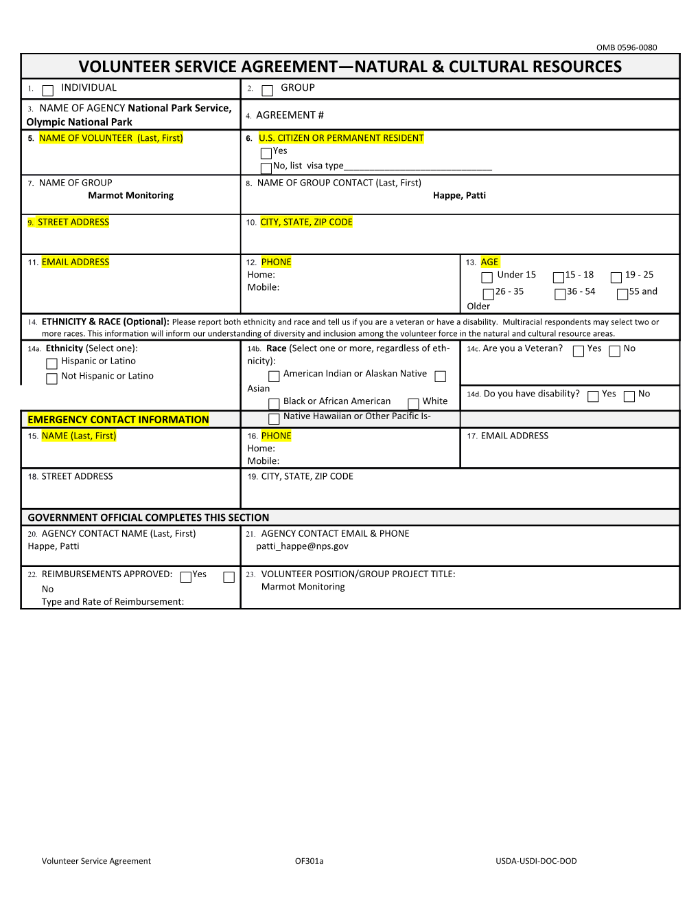 Volunteer Service Agreementof301ausda-USDI-DOC-DOD