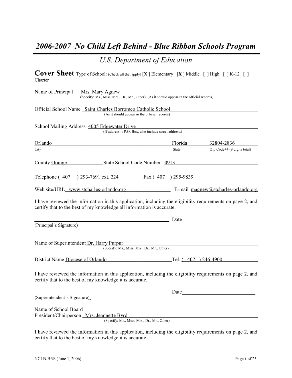 Application: 2006-2007, No Child Left Behind - Blue Ribbon Schools Program (MS Word) s1