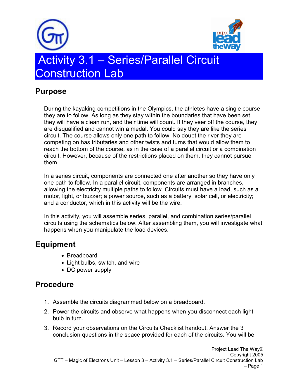 Activity 3.1 Series/Parallel Circuit Construction Lab