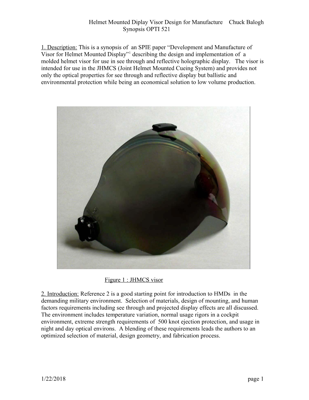Helmet Mounted Diplay Visor Design for Manufacture Chuck Balogh