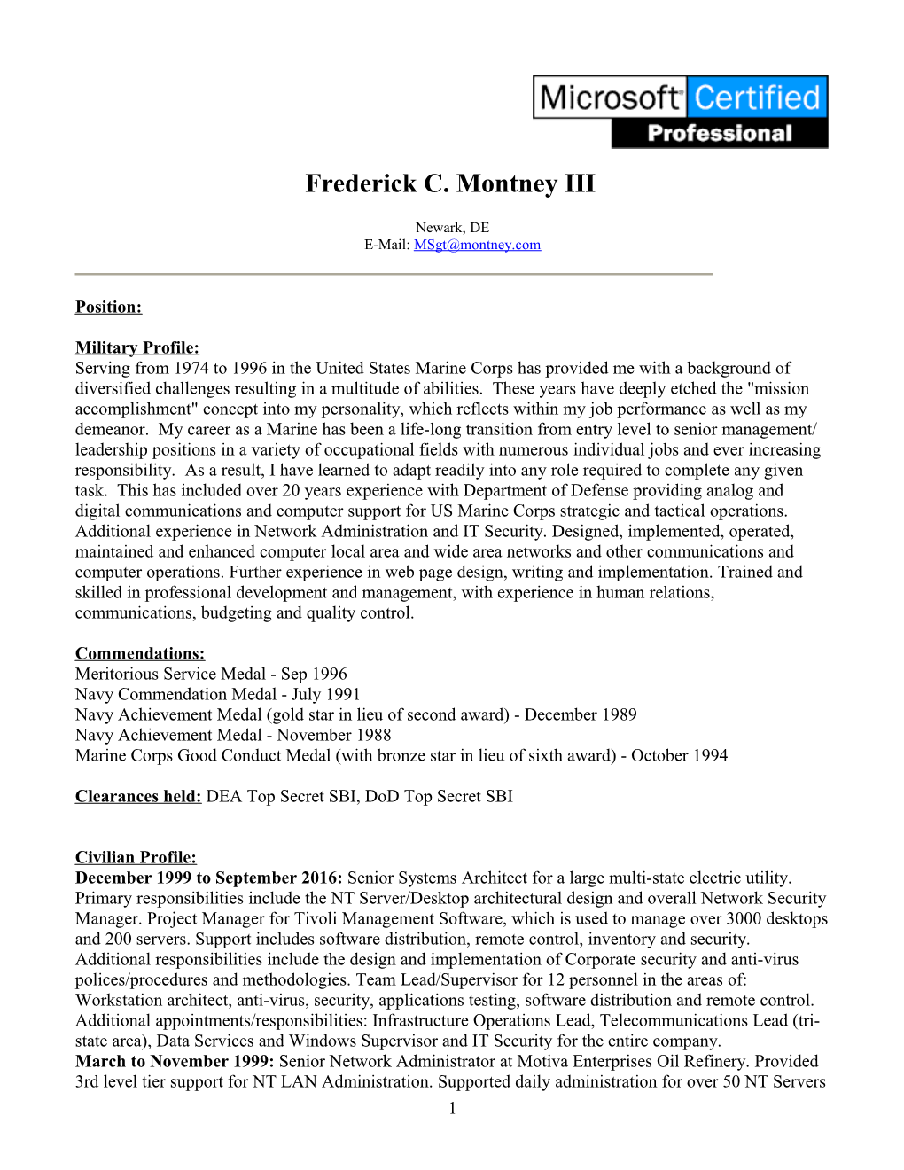 Resume Of Frederick C. Montney III