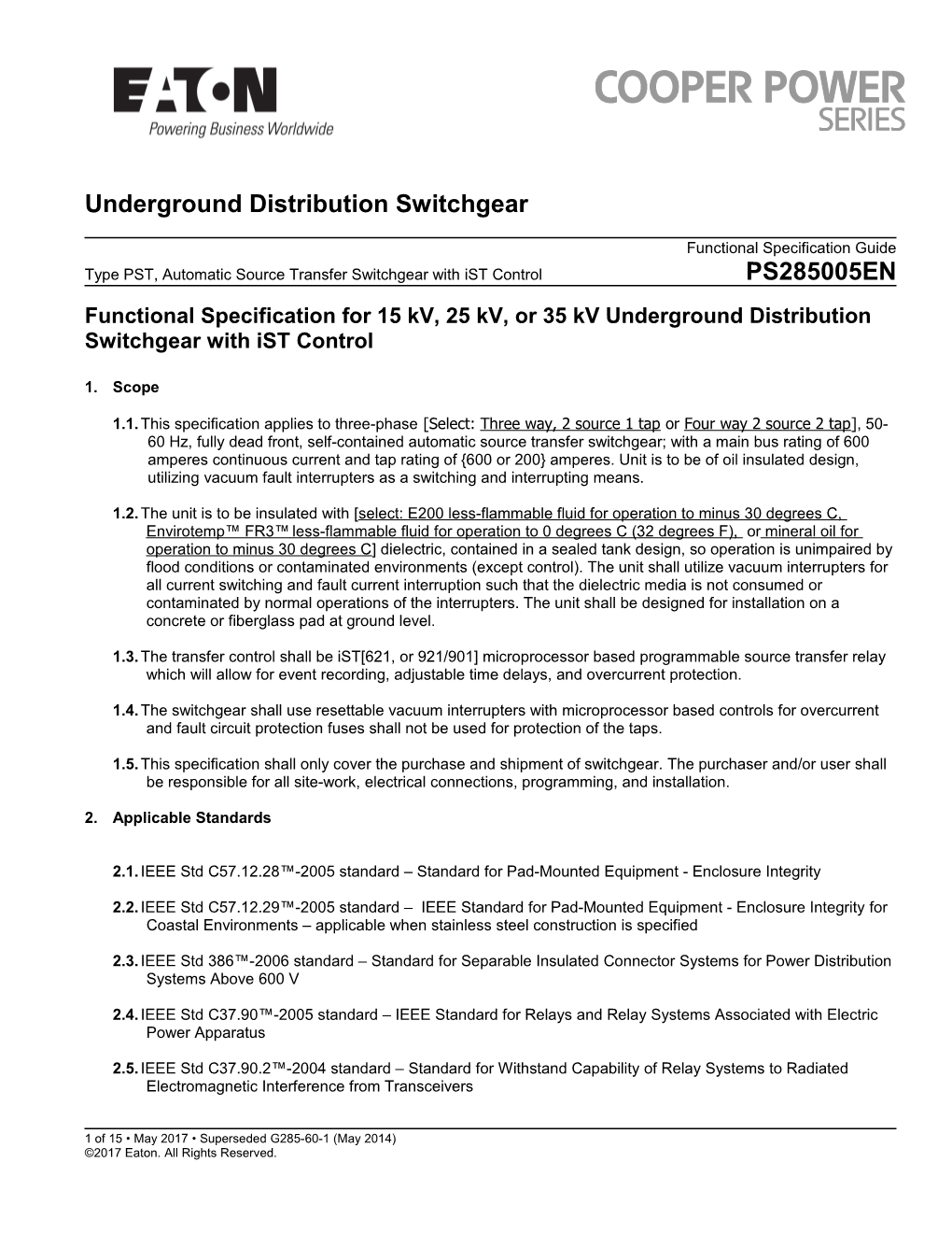 Functional Specification for 15 Kv, 25 Kv, Or 35 Kv Underground Distribution Switchgear