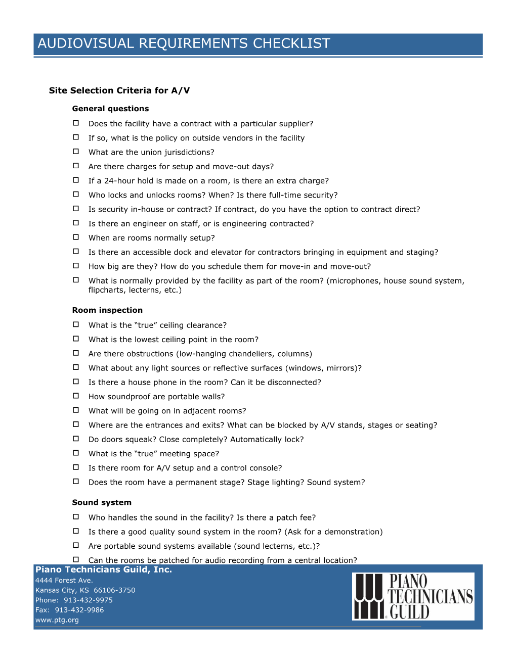 Checklist - Audio Visual Requirements