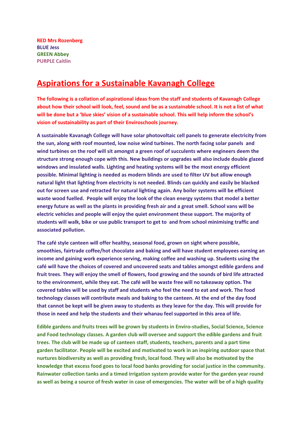 Aspirations for a Sustainable Kavanagh College