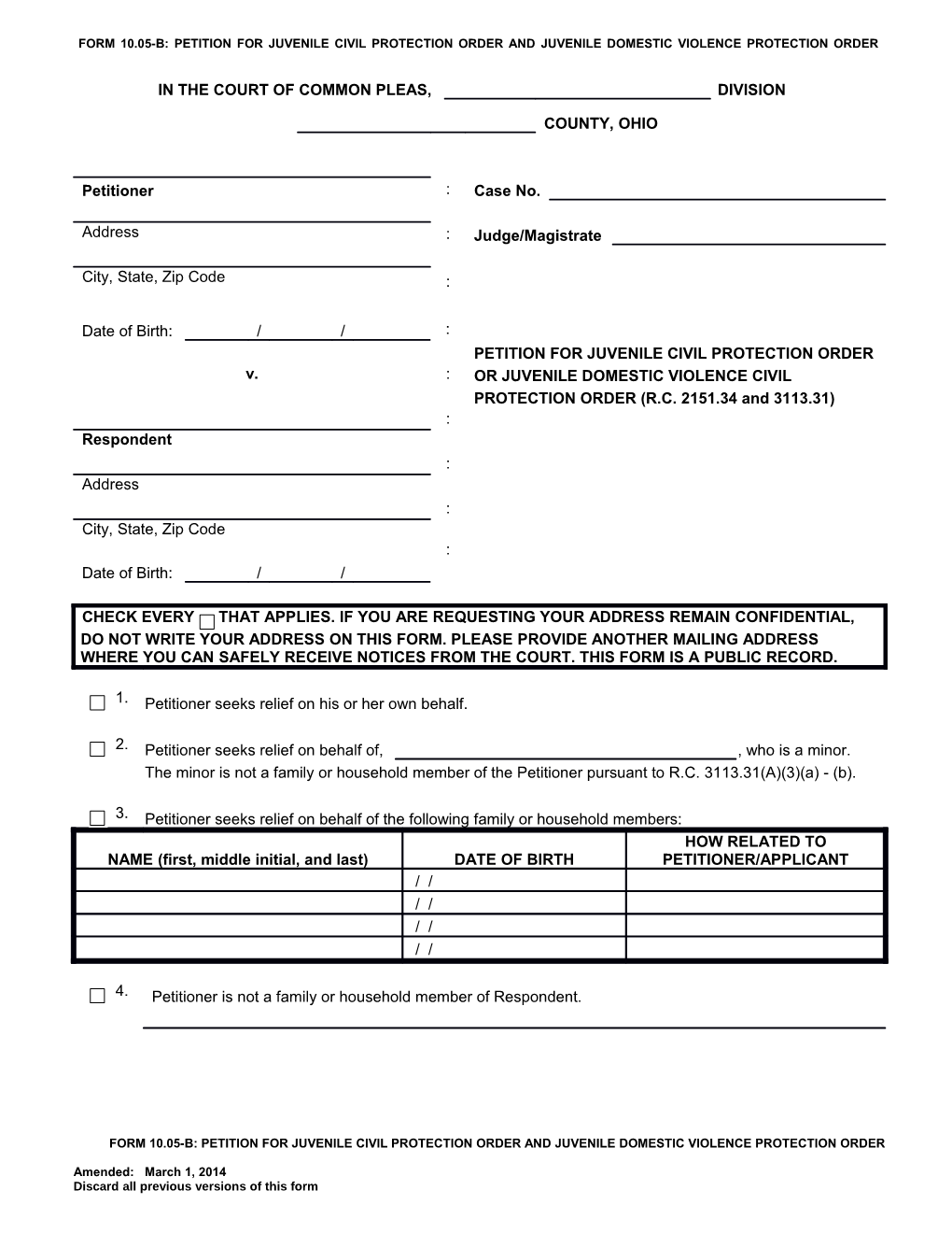 10.01-D Petition for Domestic Violence Civil Protection Order Template