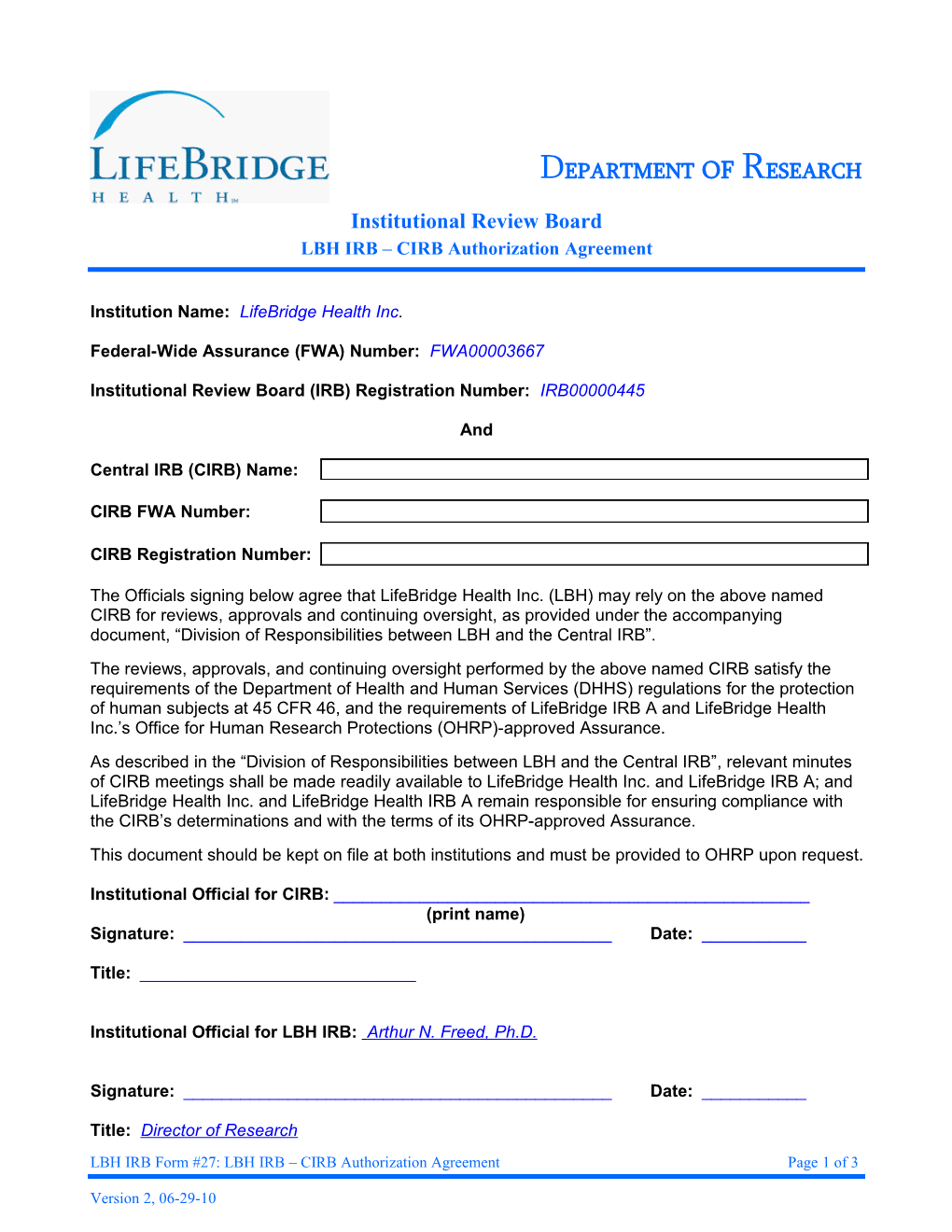 LBH IRB Form #27: LBH IRB CIRB Authorization Agreement Page 1 of 3