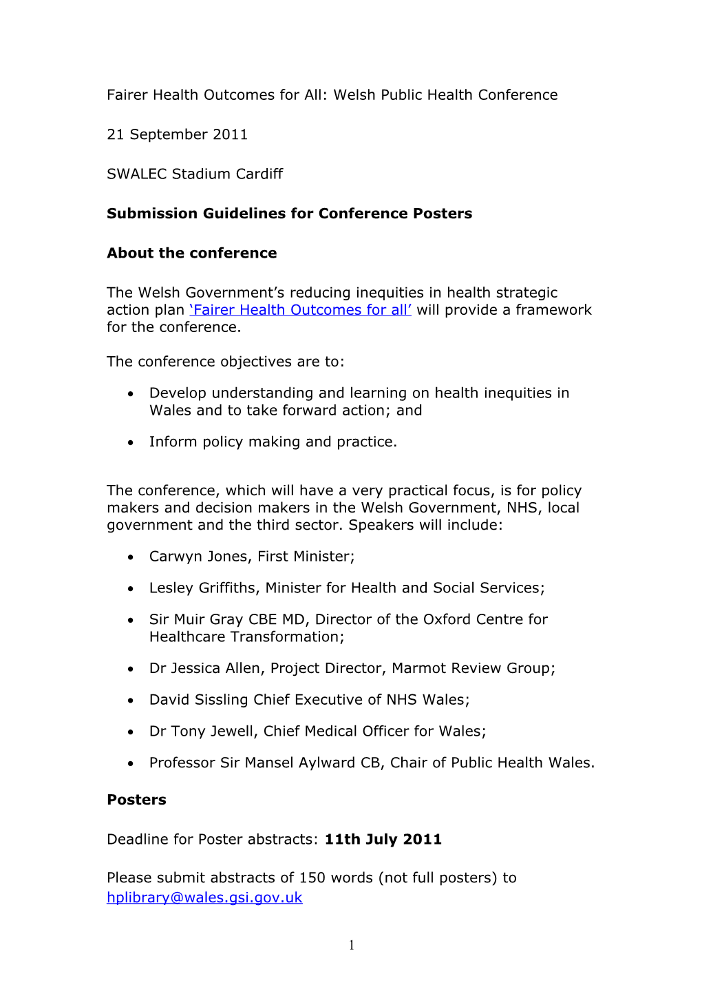 Fairer Health Outcomes for All: the Annual Welsh Public Health Conference 21St September