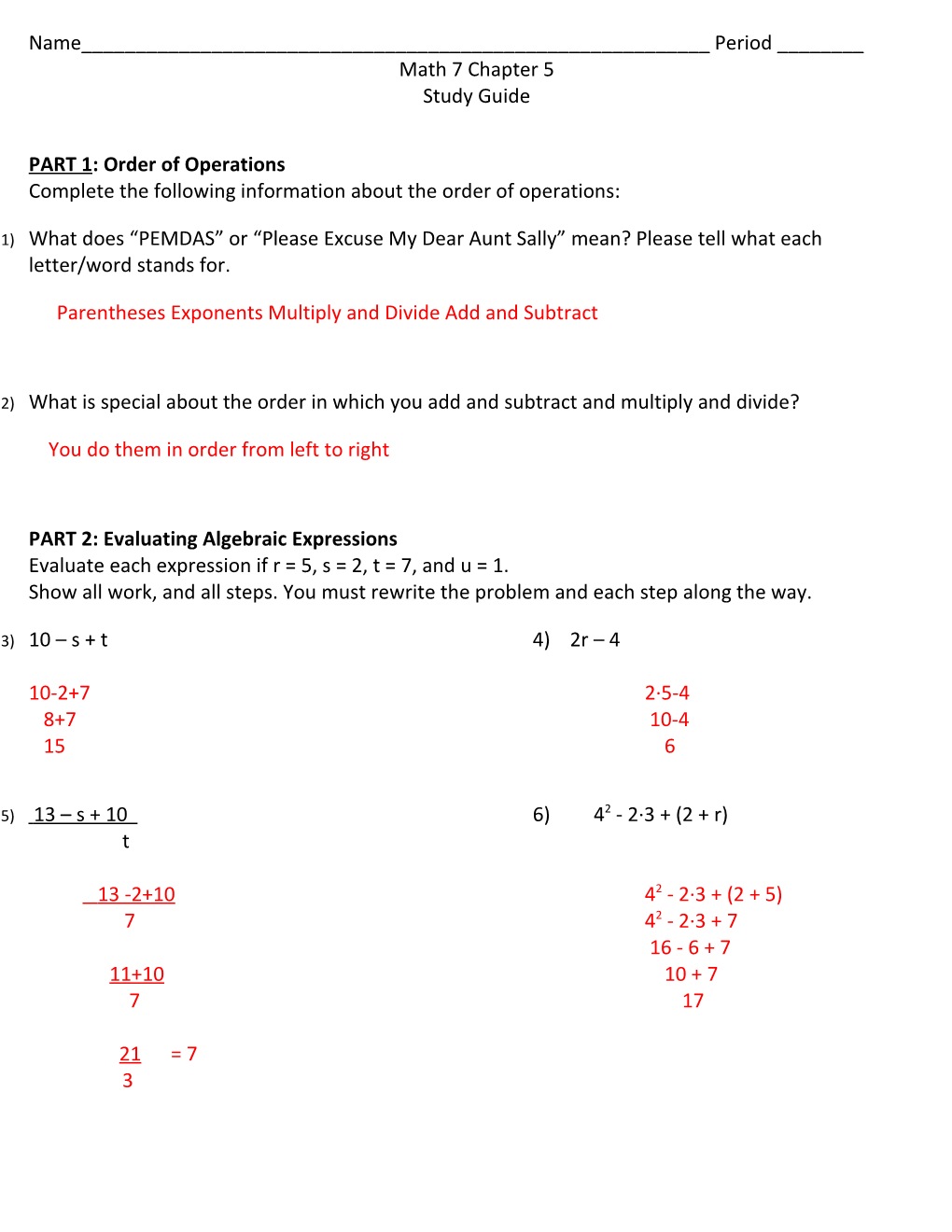 Copy of Algebraic Expressions Study Guide for Math 7