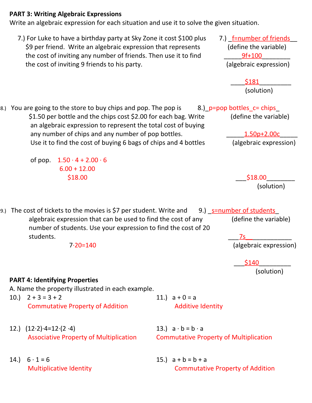 Copy of Algebraic Expressions Study Guide for Math 7