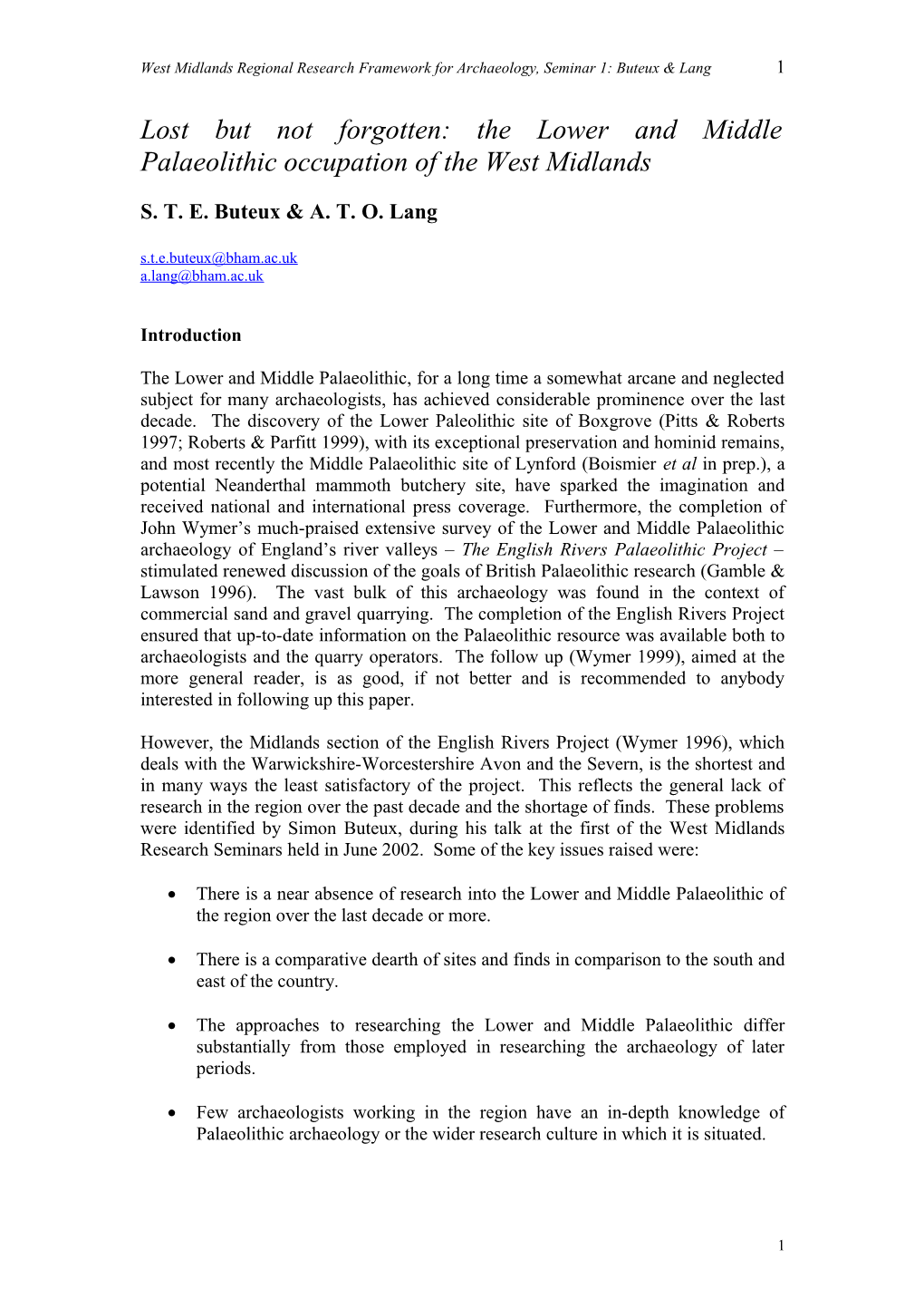 The Lower And Middle Palaeolithic Occupation Of The West Midlands: A Regional Research Framework