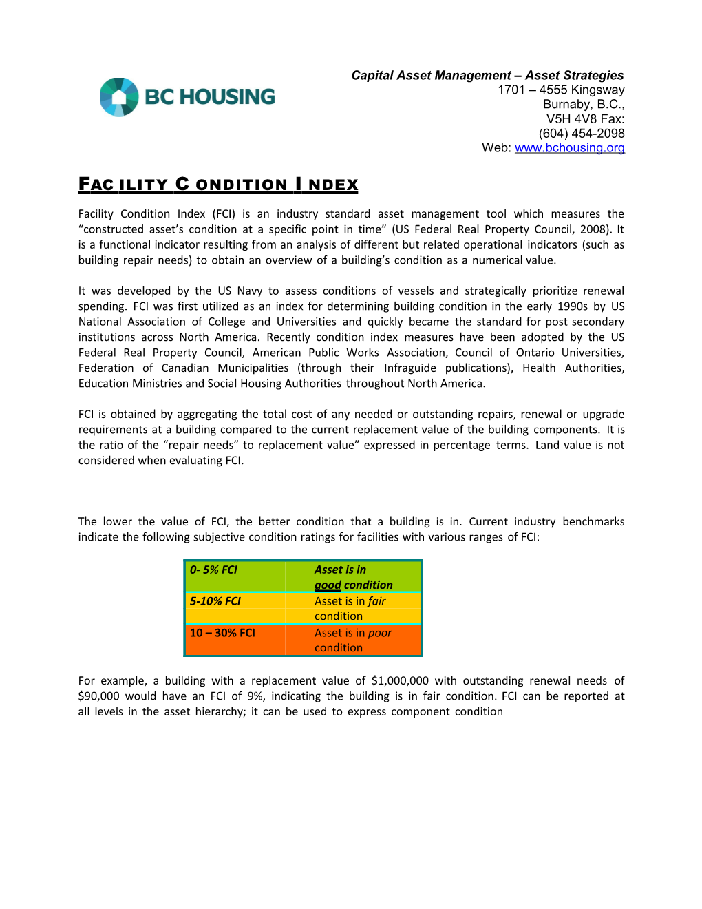 Facility Condition Index Asset Management Tool