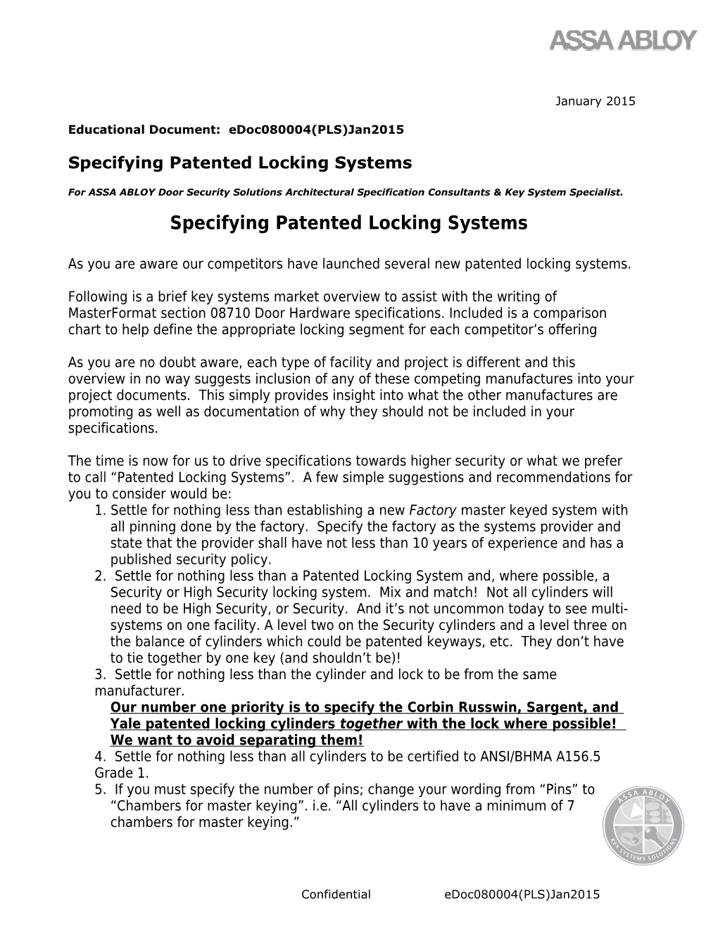 Specifying Patented Locking Systems