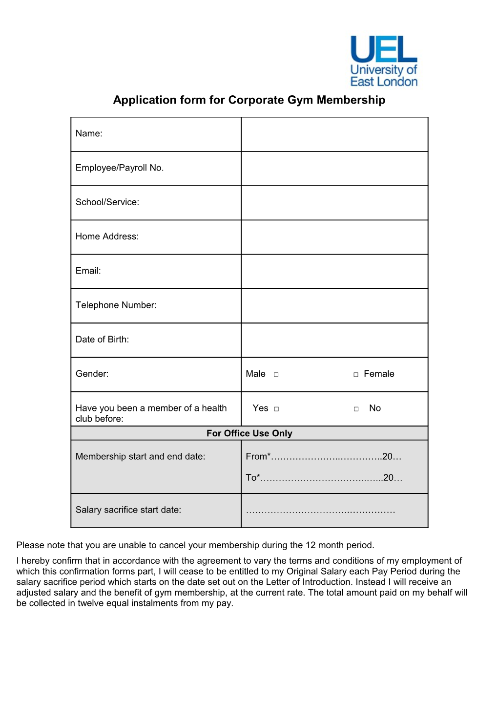 Application Form for Newham Leisure Centre Membership