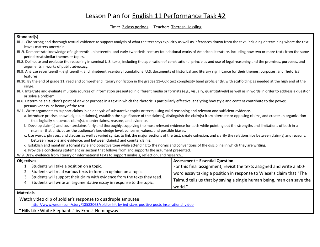 Lesson Plan for English 11 Performance Task #2