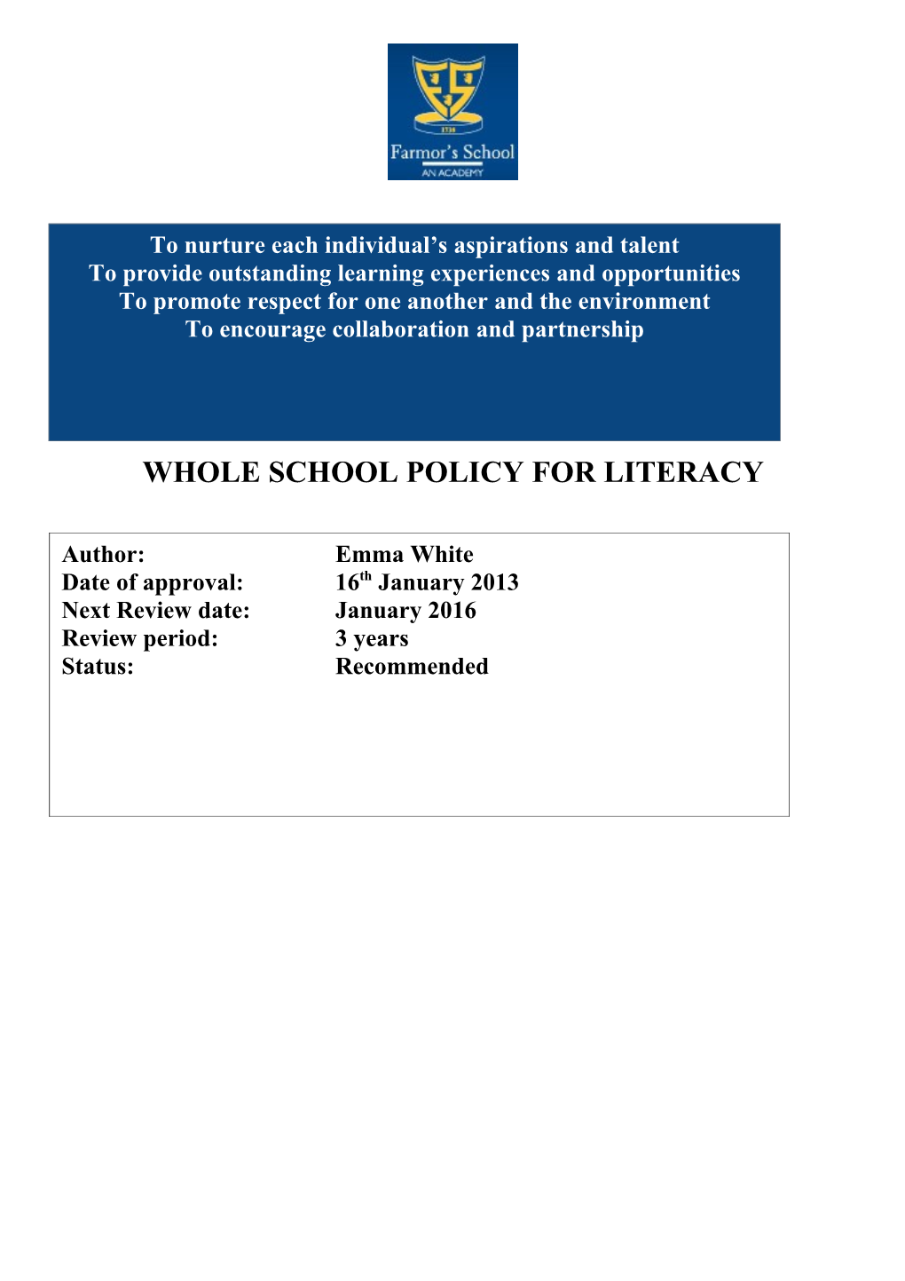 Whole School Policy for Literacy