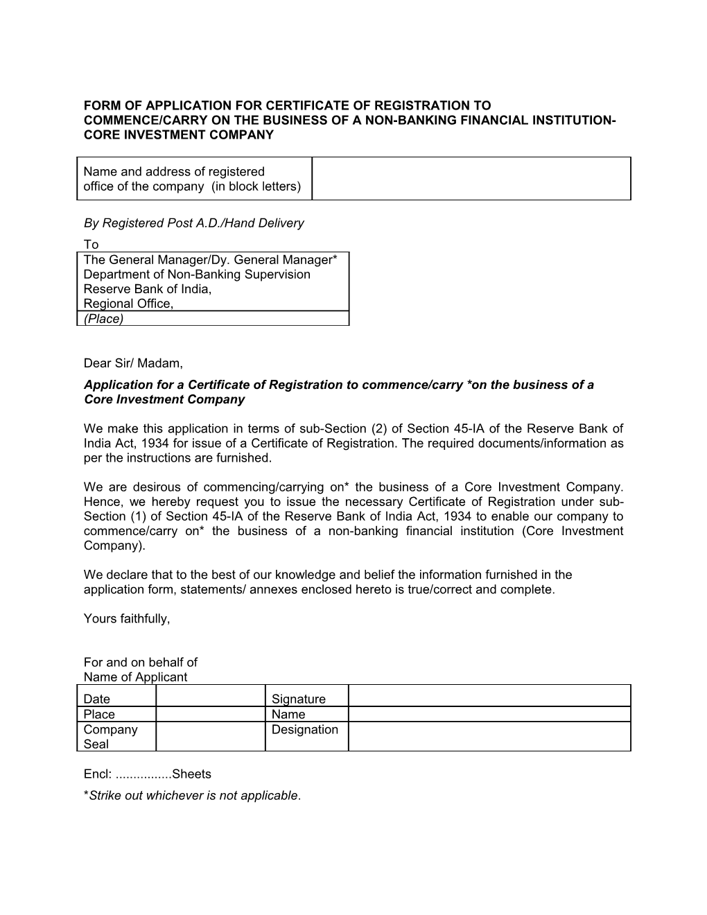 Form of Application for Certificate of Registration To